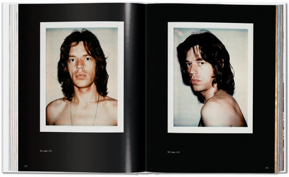 Interior spread from the Andy Warhol Polaroids TASCHEN book showing two Polaroid portraits of Mick Jagger, with the left image facing forward and the right image turned in profile against a dark background