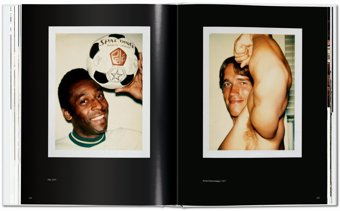 Interior spread from the Andy Warhol Polaroids TASCHEN book showing a left Polaroid of Pelé smiling and holding a soccer ball and a right Polaroid of Arnold Schwarzenegger posing shirtless with his arm raised