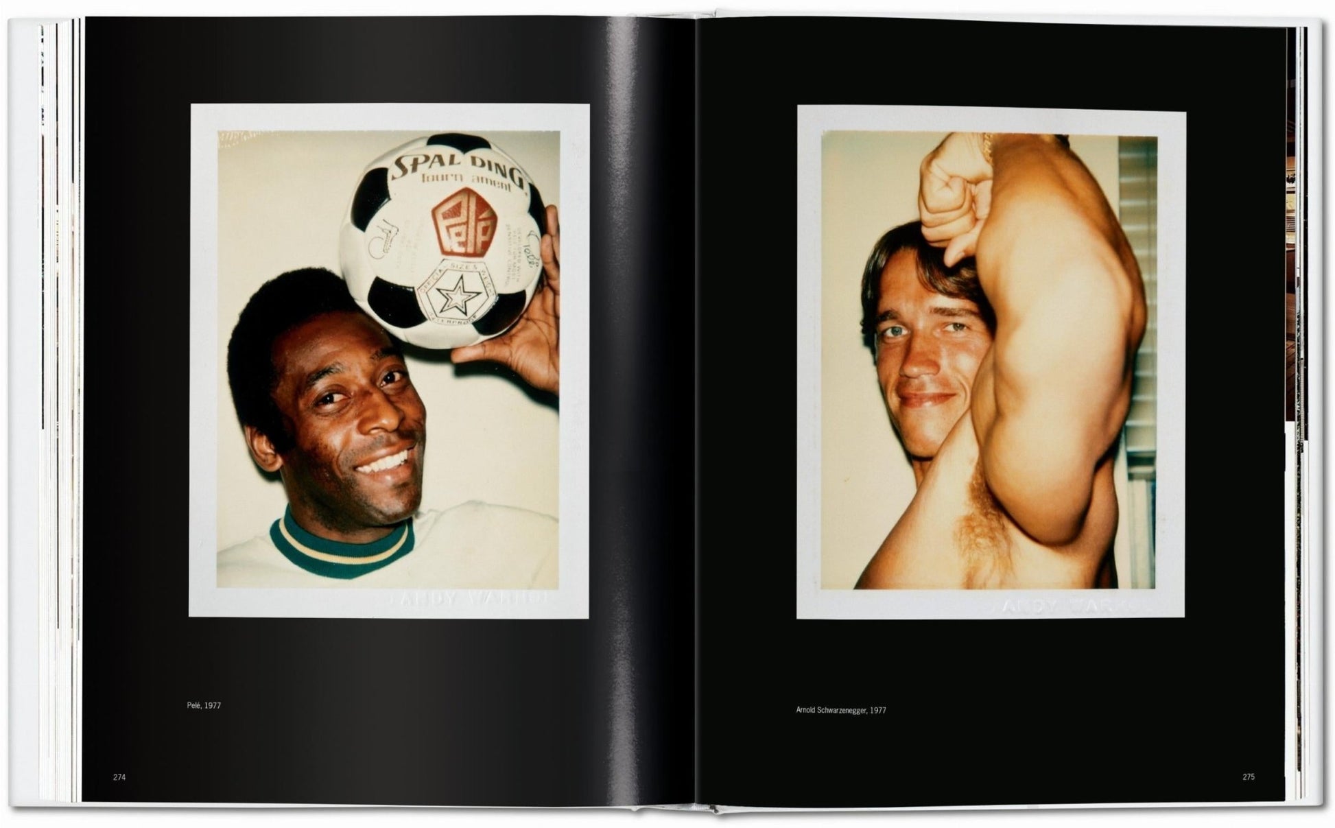 Interior spread from the Andy Warhol Polaroids TASCHEN book showing a left Polaroid of Pelé smiling and holding a soccer ball and a right Polaroid of Arnold Schwarzenegger posing shirtless with his arm raised