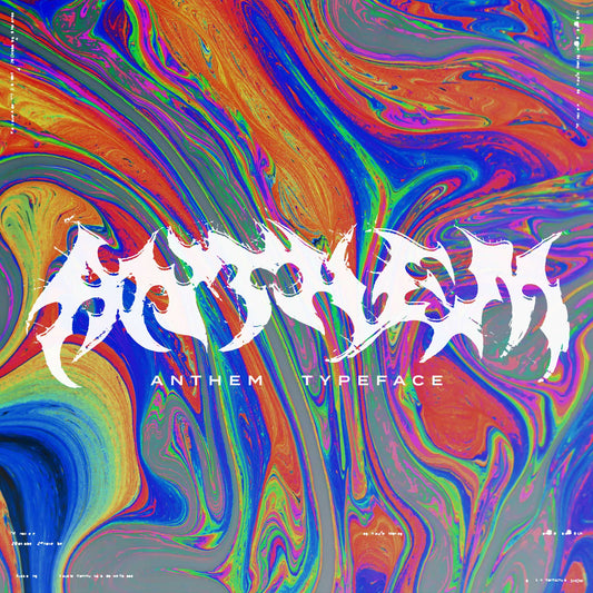 ANTHEM hand drawn metal style typeface over psychedelic fluid color background