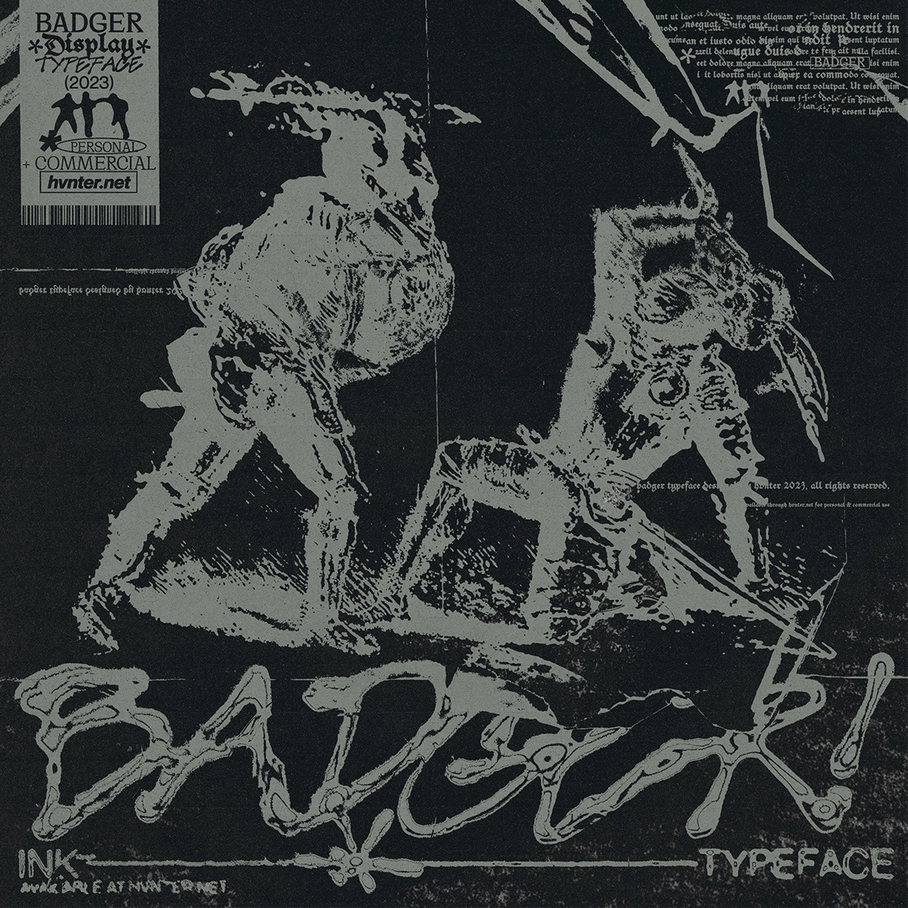 Badger ink display typeface styled with skeletal illustration and distressed print texture