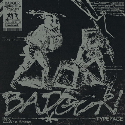 Badger ink display typeface styled with skeletal illustration and distressed print texture