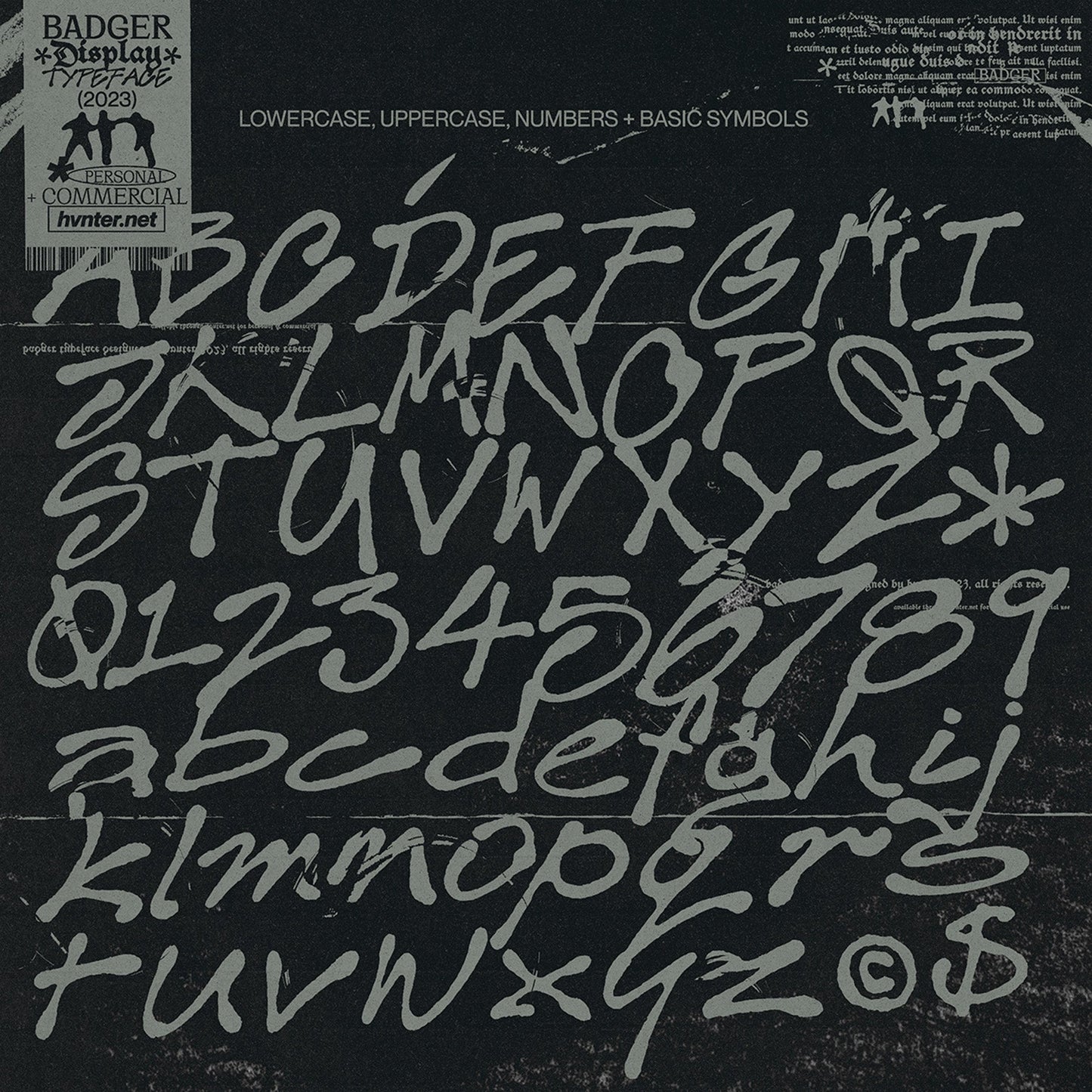 Badger hand drawn ink typeface full character set including uppercase lowercase numbers and symbols