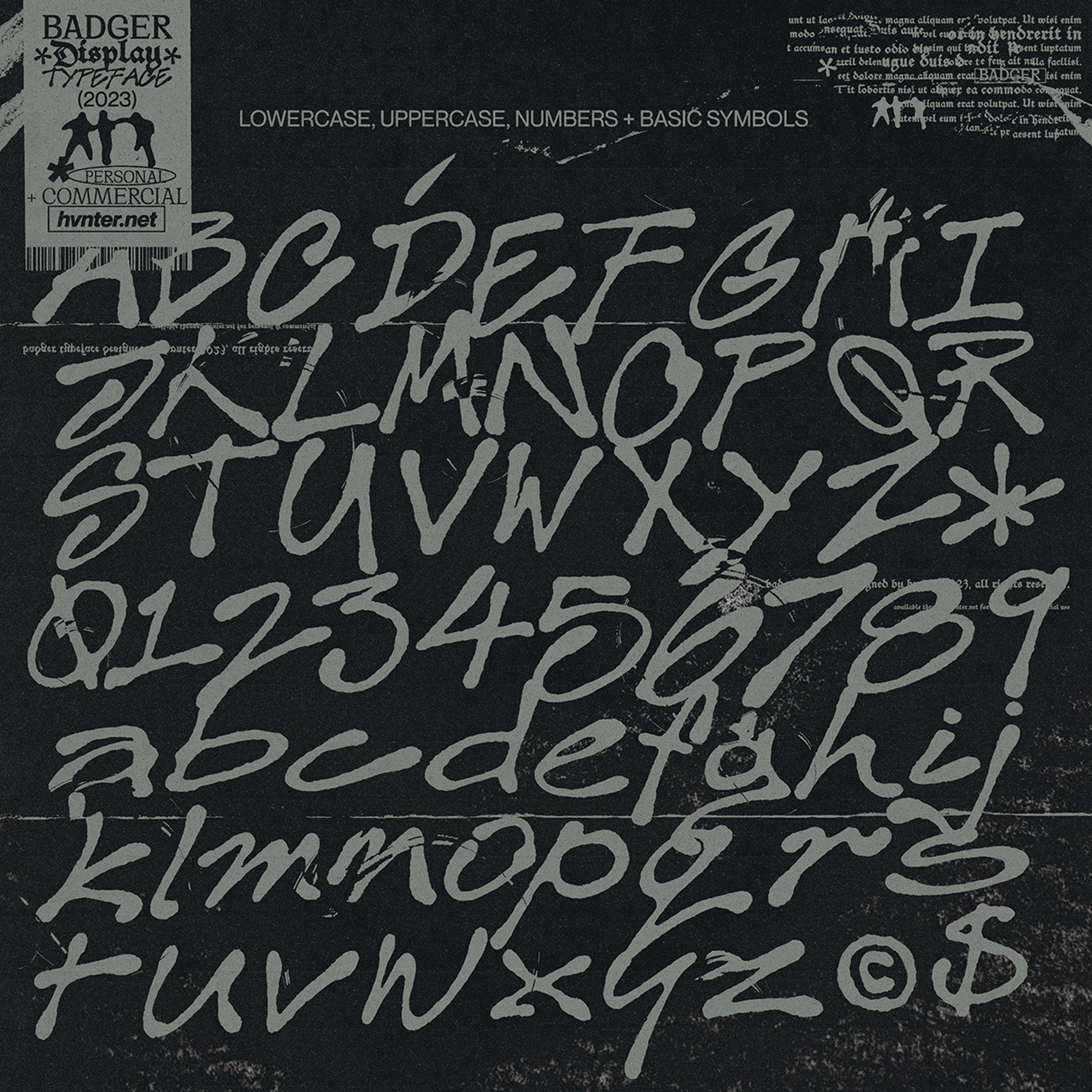 Badger hand drawn ink typeface full character set including uppercase lowercase numbers and symbols