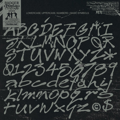 Badger hand drawn ink typeface full character set including uppercase lowercase numbers and symbols