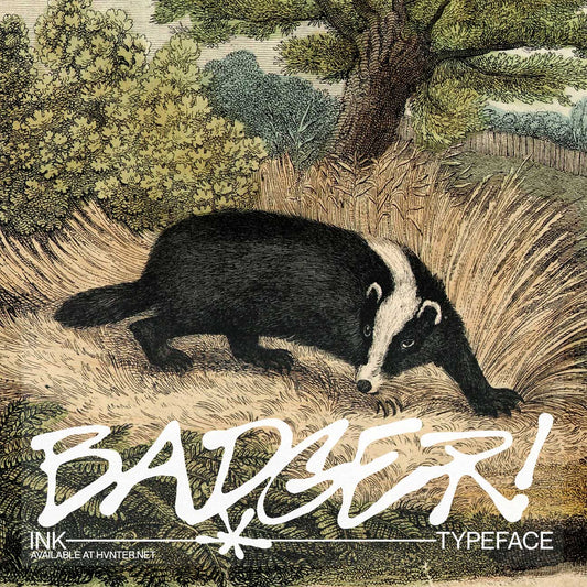 Badger ink display typeface over vintage woodland engraving illustration
