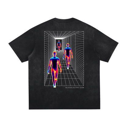Bleed Electric A Human Story t-shirt back graphic showing three heat-mapped human figures walking through a digital grid tunnel