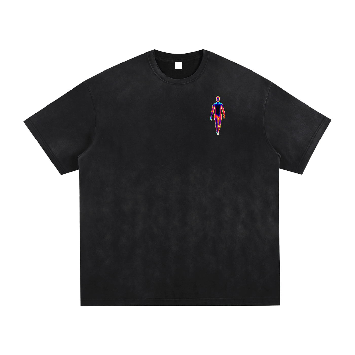Bleed Electric A Human Story t-shirt front graphic featuring a glowing heat-map human figure on black background