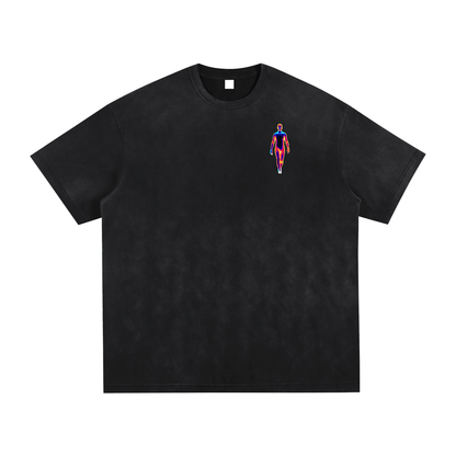 Bleed Electric A Human Story t-shirt front graphic featuring a glowing heat-map human figure on black background