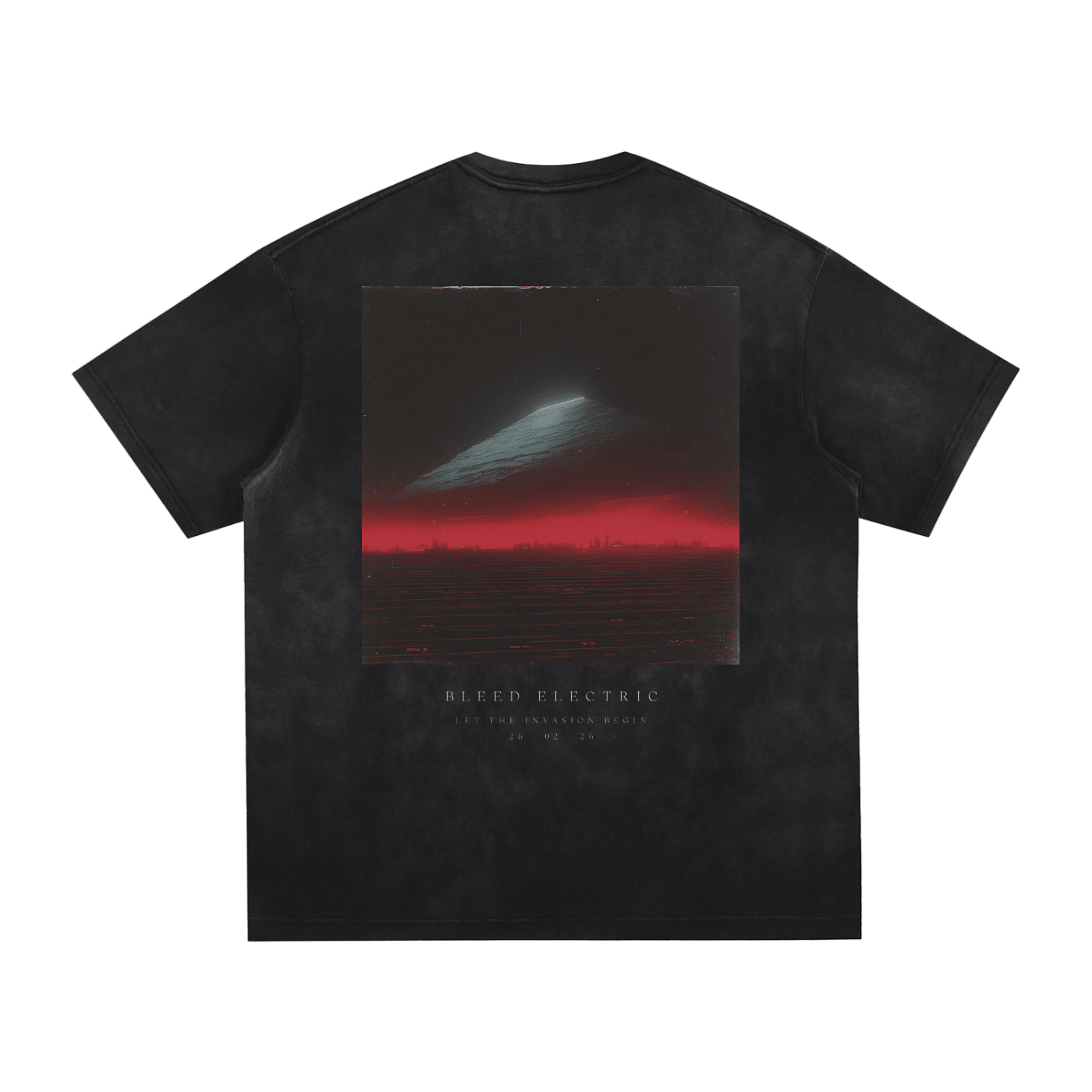 Bleed Electric Let The Invasion Begin official EP artwork t-shirt back with hovering alien structure and red horizon