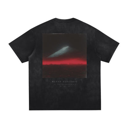 Bleed Electric Let The Invasion Begin official EP artwork t-shirt back with hovering alien structure and red horizon