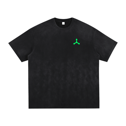 Bleed Electric Let The Invasion Begin vintage washed black t-shirt front with neon green alien trinity symbol