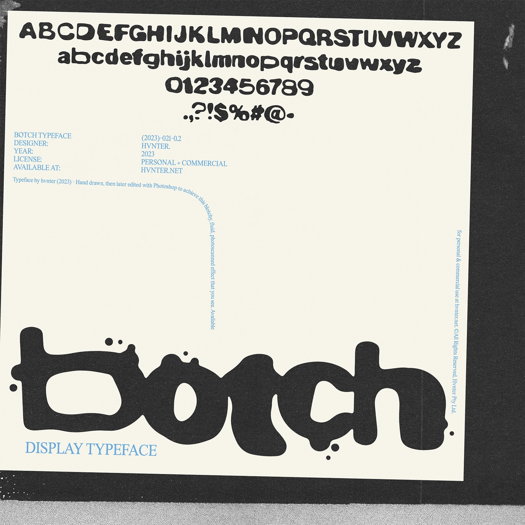 Full alphabet sample of the botch typeface designed by HVNTER