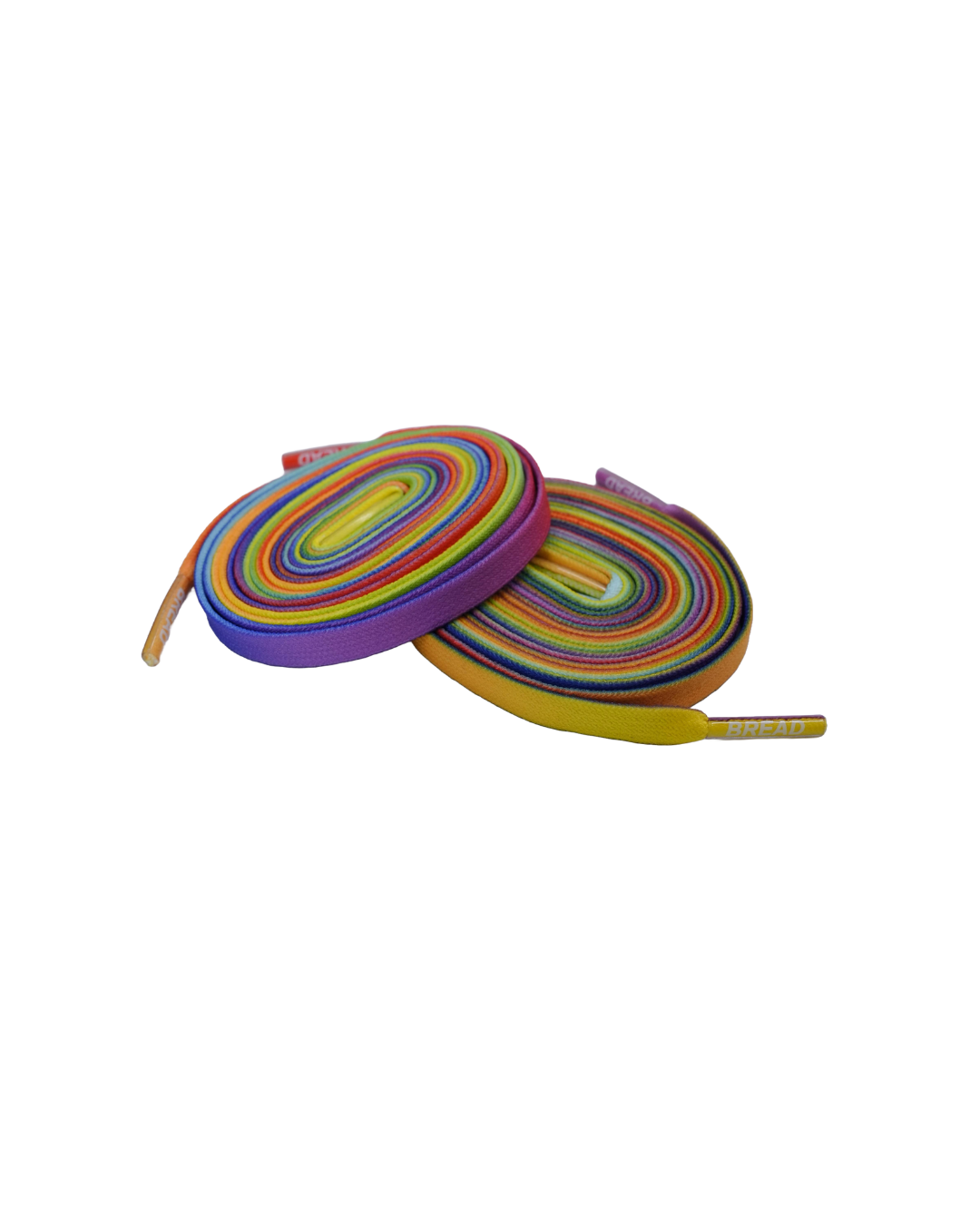Bread Elastic Shoelaces in Rainbow colorway rolled flat with multicolor stripes and branded aglets