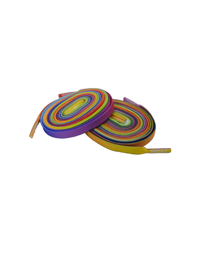 Bread Elastic Shoelaces in Rainbow colorway rolled flat with multicolor stripes and branded aglets