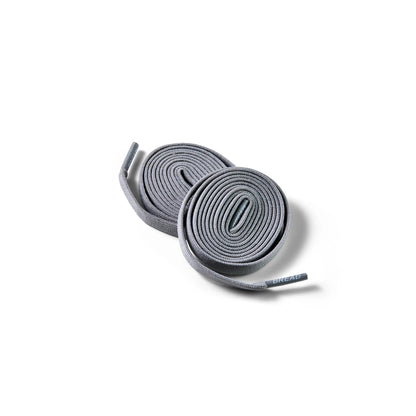 Bread Elastic Shoelaces in Vulture Gray rolled flat with branded aglets visible