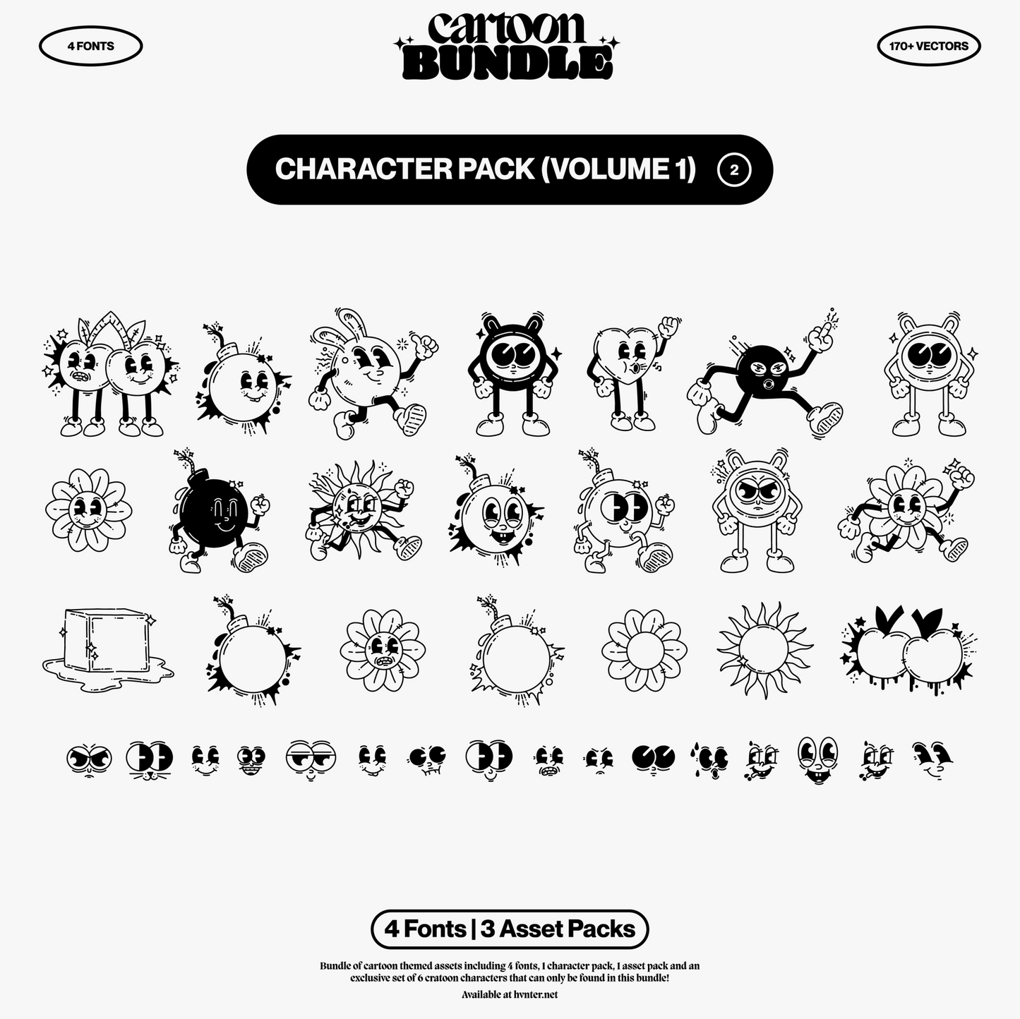 Cartoon Character Pack Volume 1 featuring expressive black and white cartoon characters with different poses and facial expressions.