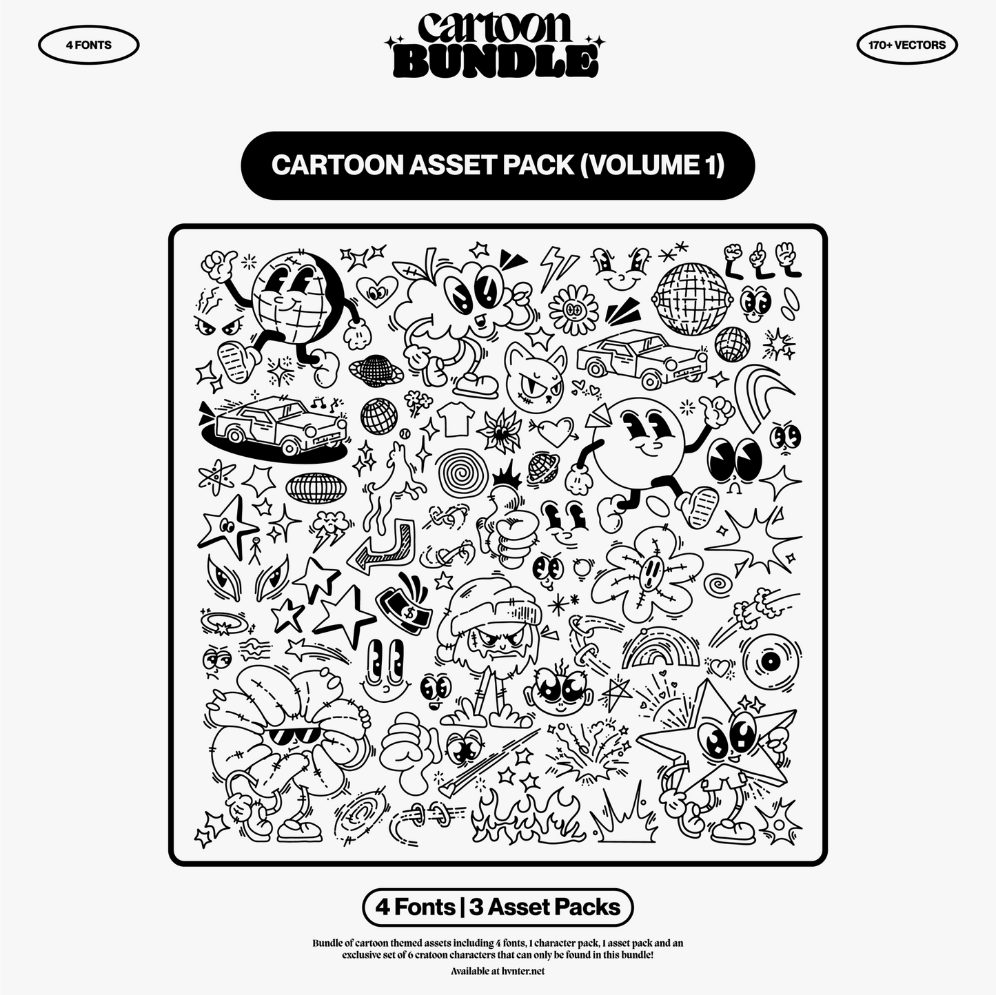 Cartoon Asset Pack Volume 1 with over 170 black and white cartoon vector illustrations including characters, icons, stars, cars, and abstract shapes.