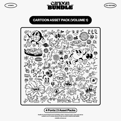 Cartoon Asset Pack Volume 1 with over 170 black and white cartoon vector illustrations including characters, icons, stars, cars, and abstract shapes.