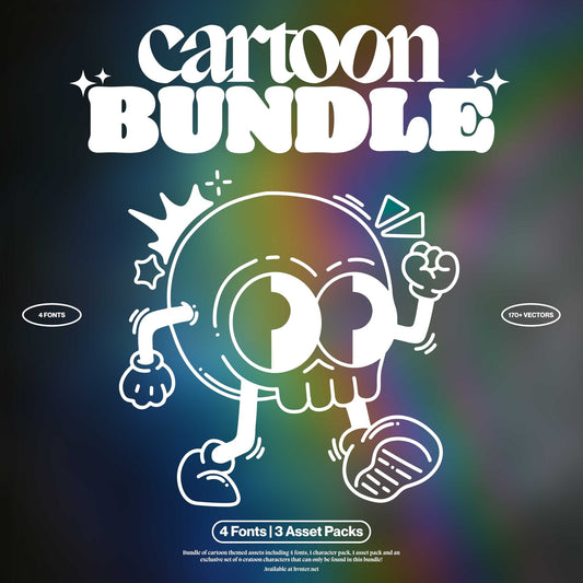 Cartoon Bundle cover featuring animated skull character on oil slick gradient background with 4 fonts and 3 asset packs.