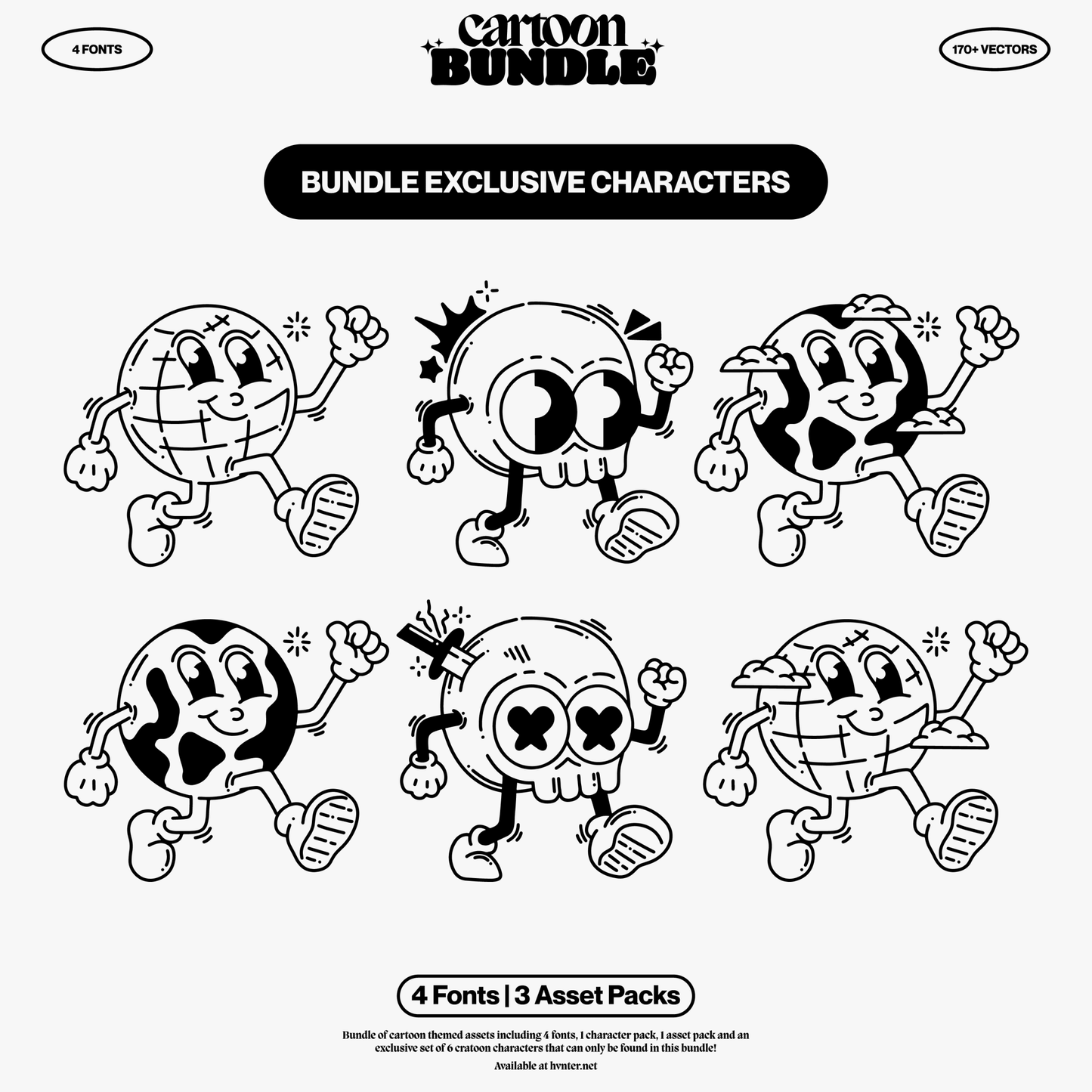 Exclusive cartoon characters included only in the Cartoon Bundle featuring skull, globe, and stylized animated figures.