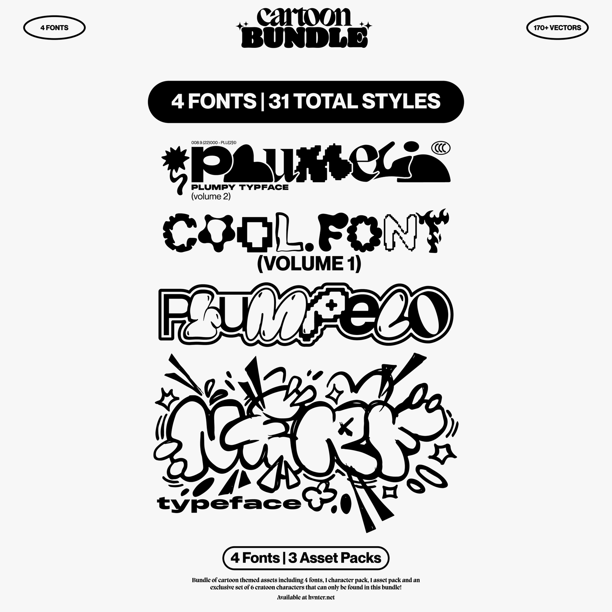 Cartoon Bundle typography overview showing four cartoon-style display fonts with 31 total styles.