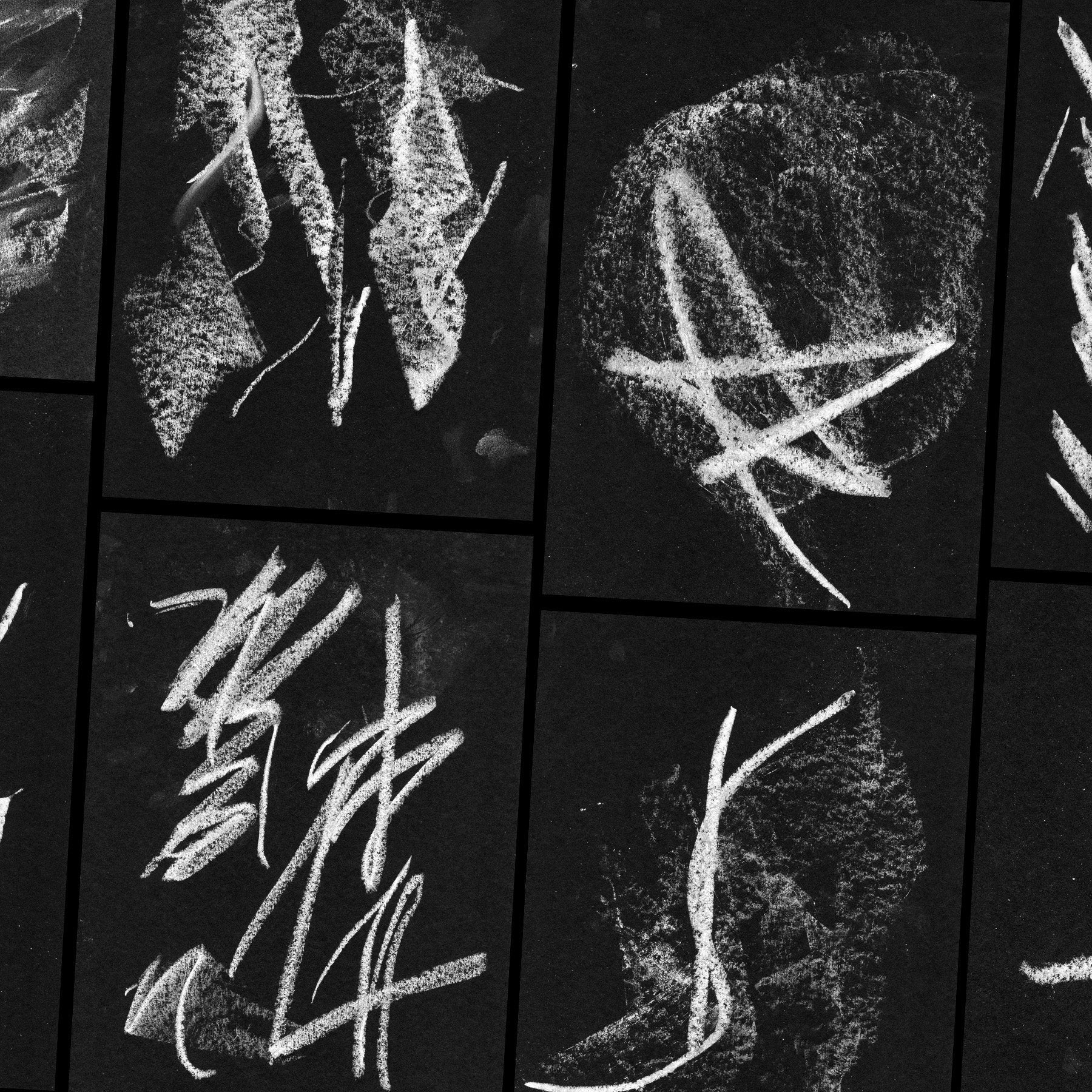 Grid of high-contrast chalk textures on black paper, showcasing hand-drawn marks and smudges