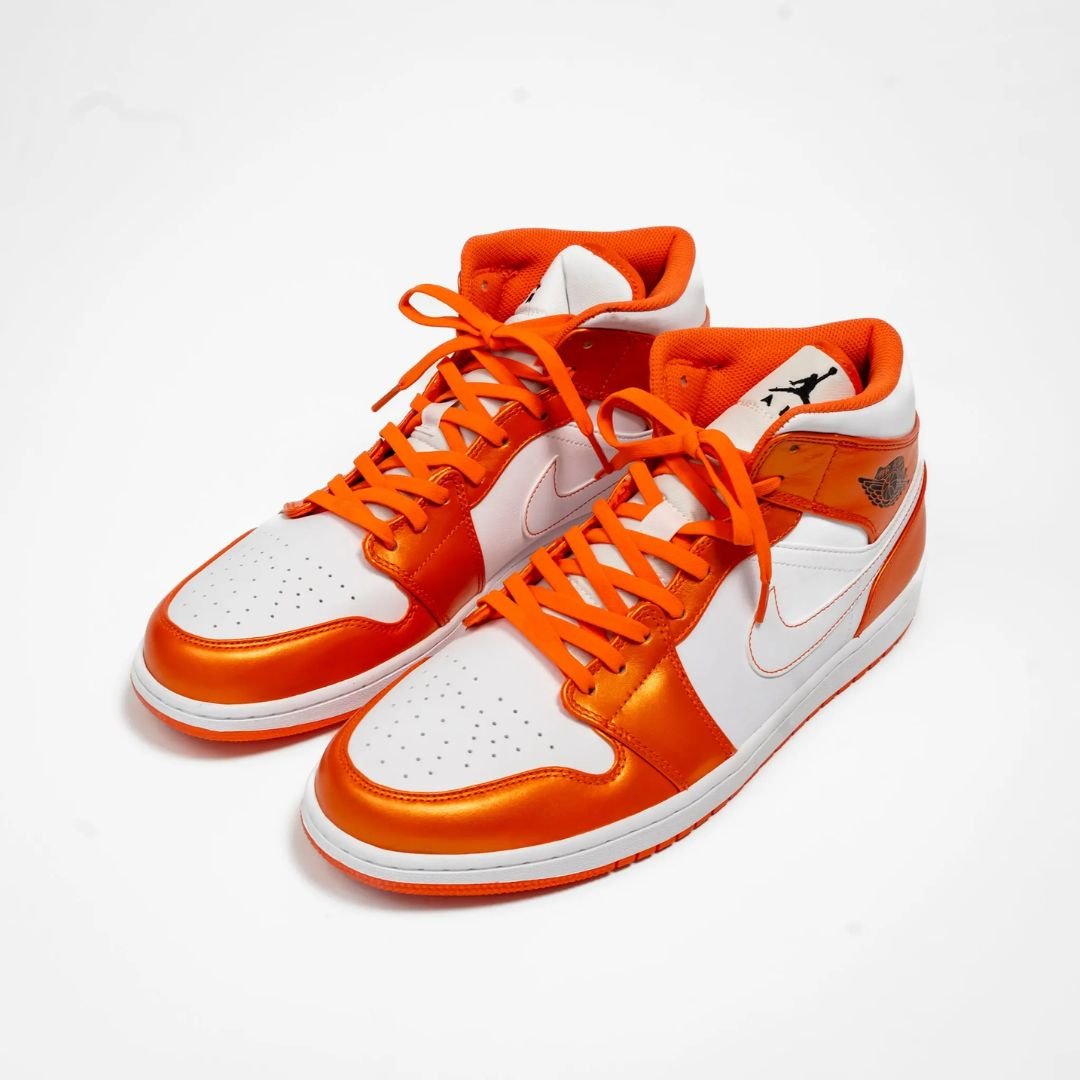 White and orange high-top sneakers with Coral Orange elastic shoelaces