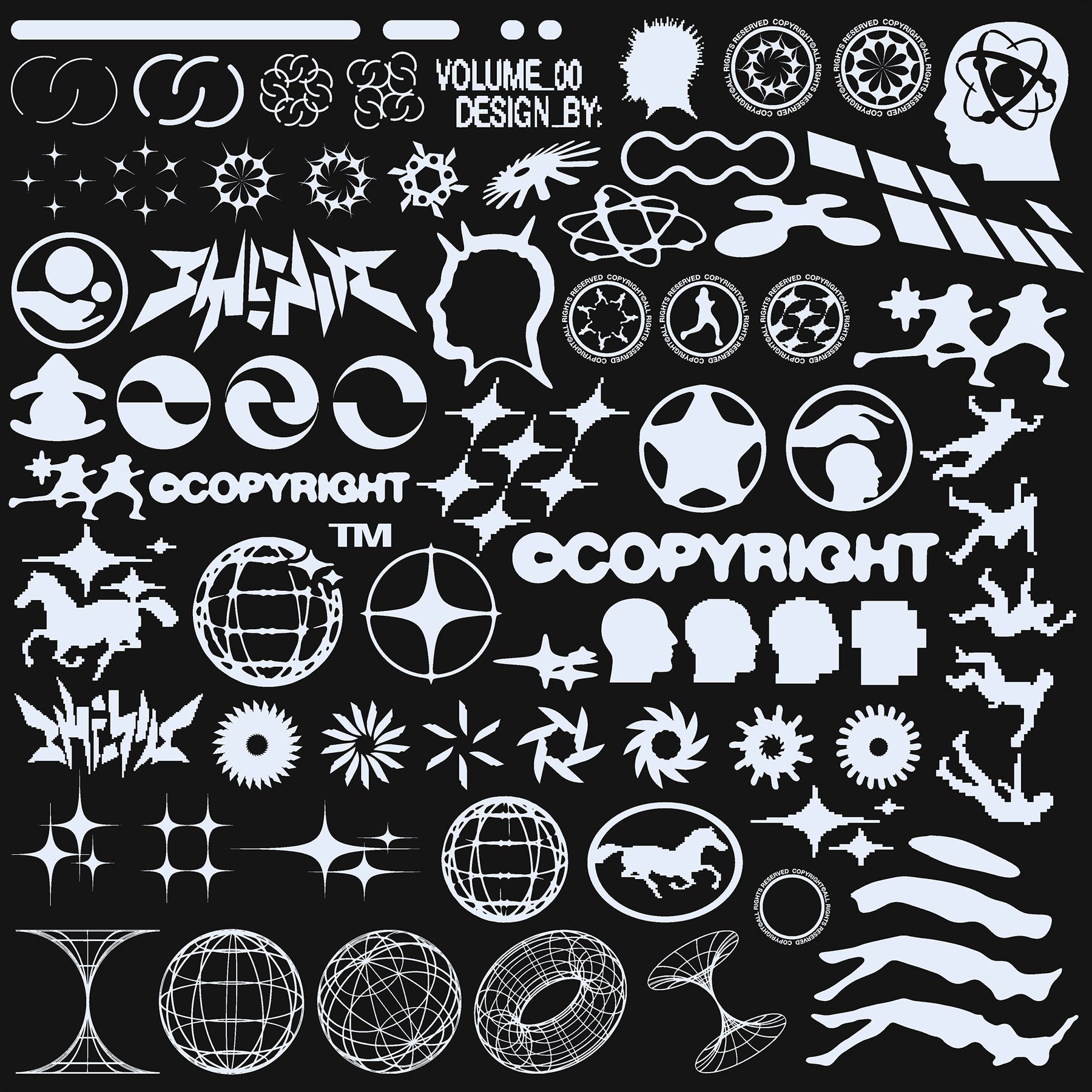 Futuristic cyber design assets featuring abstract symbols, globes, and system graphics.