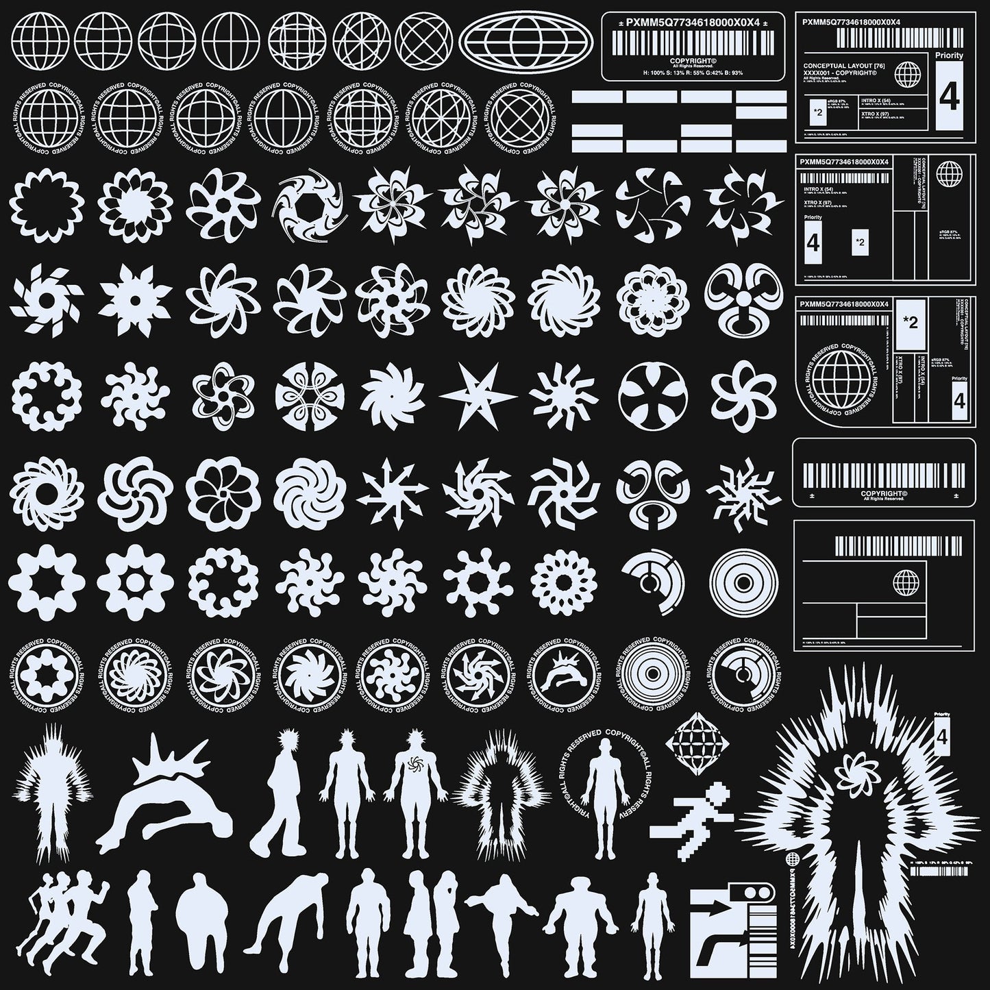 Cyberpunk-inspired UI elements including barcodes, labels, and technical graphics