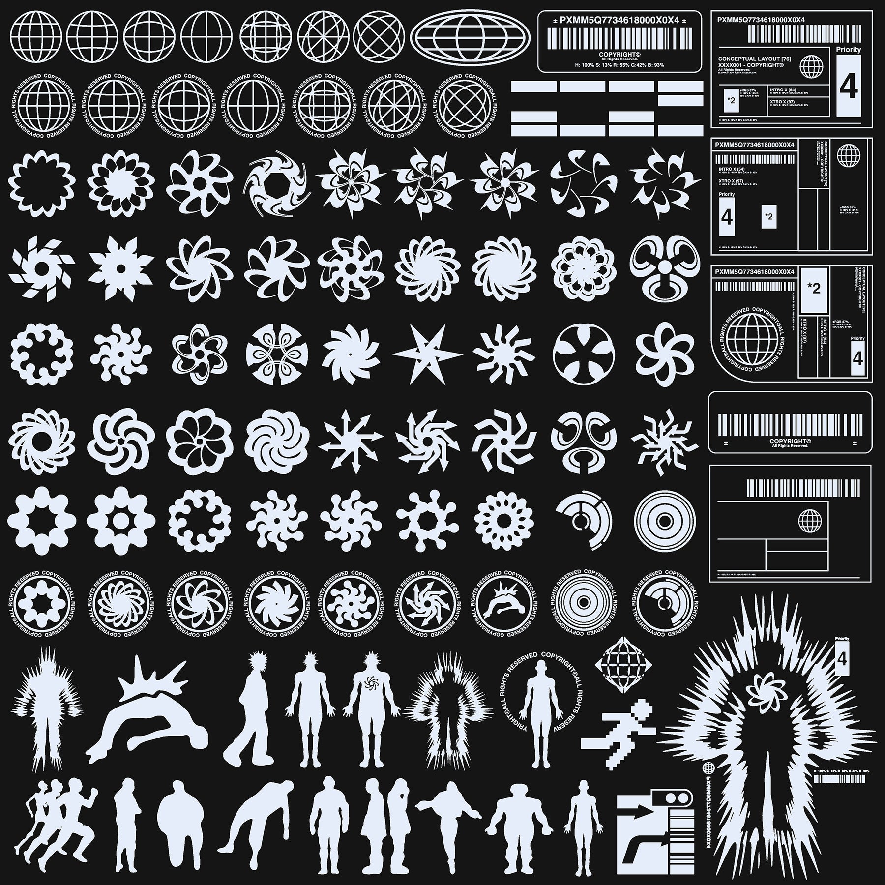 Cyberpunk-inspired UI elements including barcodes, labels, and technical graphics