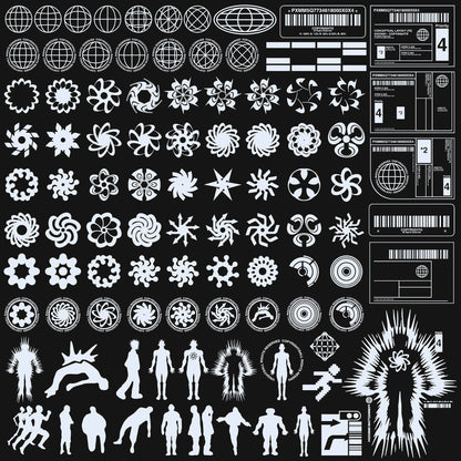 Cyberpunk-inspired UI elements including barcodes, labels, and technical graphics