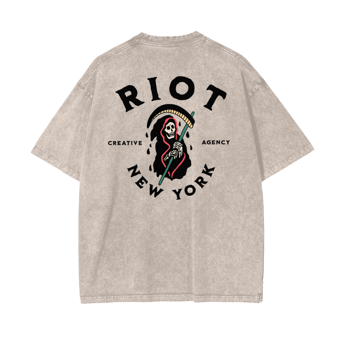 Back of apricot snow-washed oversized t-shirt featuring large RIOT Creative Agency reaper graphic with scythe