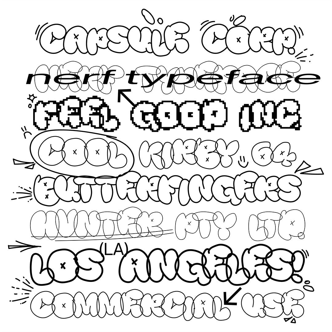 Creative examples of NERF Typeface by HVNTER illustrating playful bubble-letter graffiti fonts and digital tagging designs.
