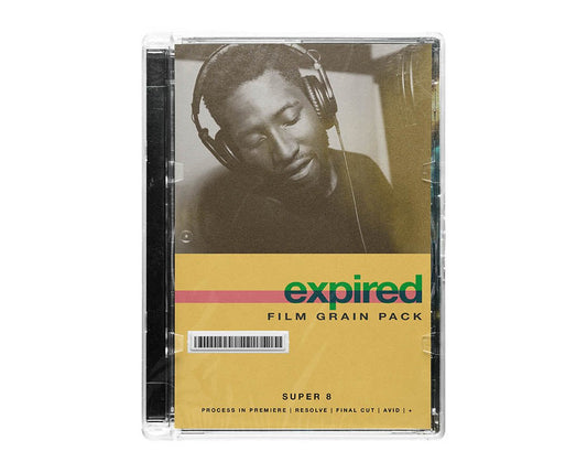 expired super 8 film grain overlay pack product box showing vintage analog film texture overlays for video editing