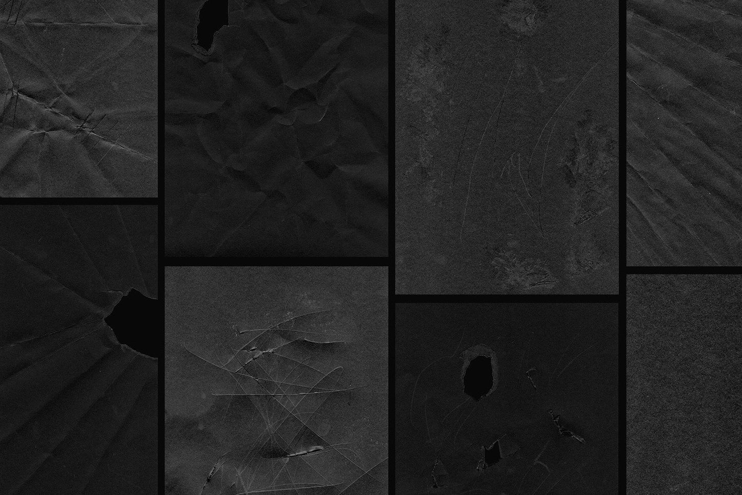 Grid preview of torn and weathered paper textures in black and white