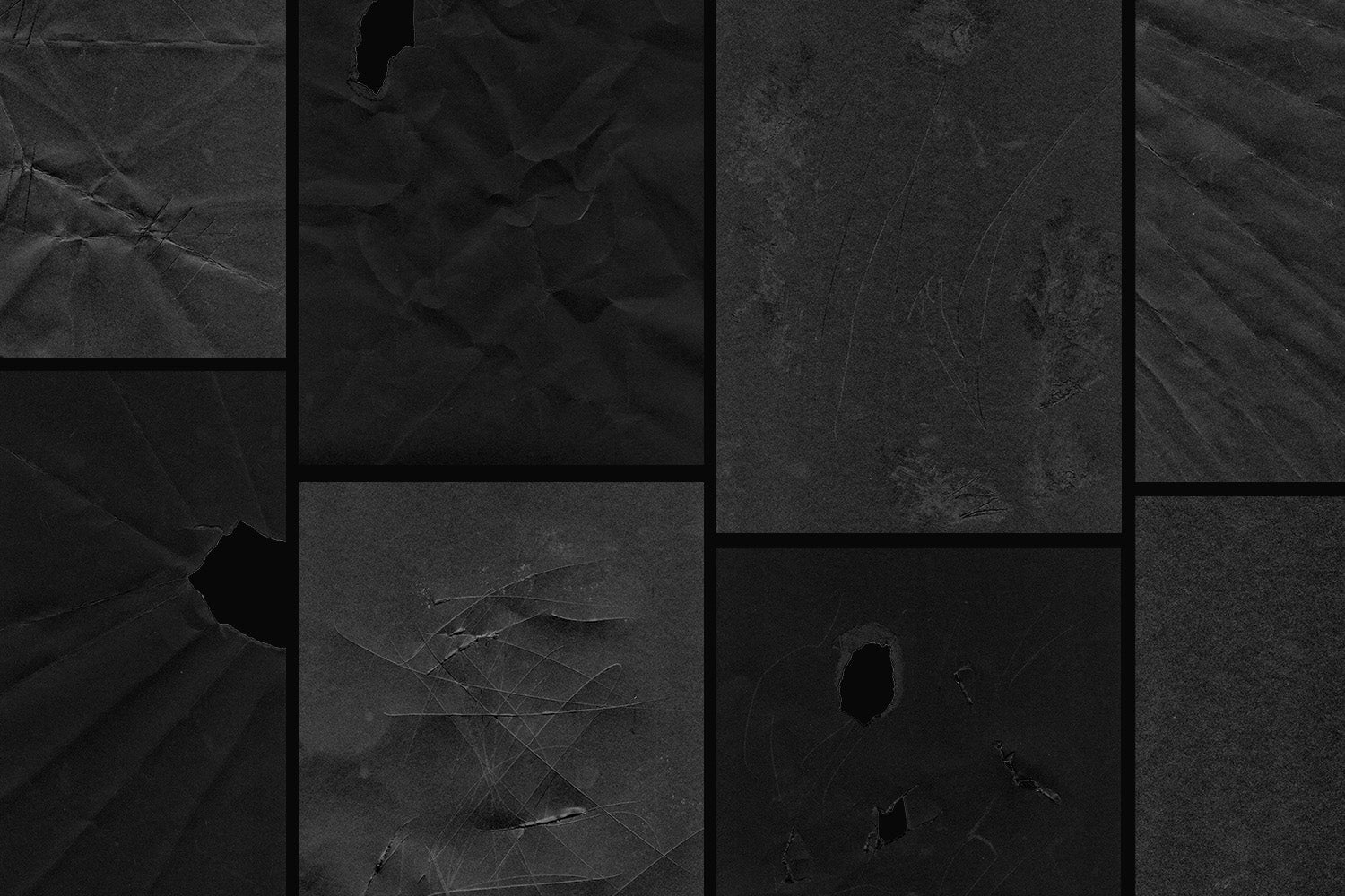 Grid preview of torn and weathered paper textures in black and white