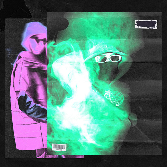 Artwork featuring neon overlays and grunge paper texture effects