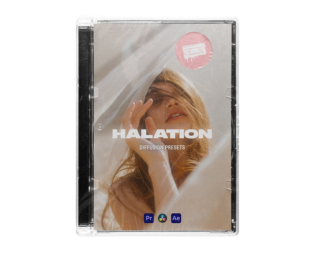 Halation Diffusion Presets product cover featuring a soft cinematic portrait inside a clear jewel case