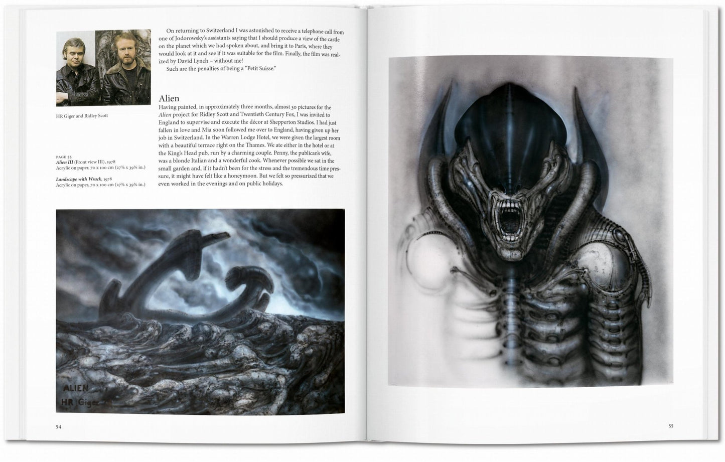 Interior spread from the H.R. Giger TASCHEN book featuring H.R. Giger and Ridley Scott, Alien III front view III 1978, Landscape with Wreck 1978, and a biomechanical Alien creature painting