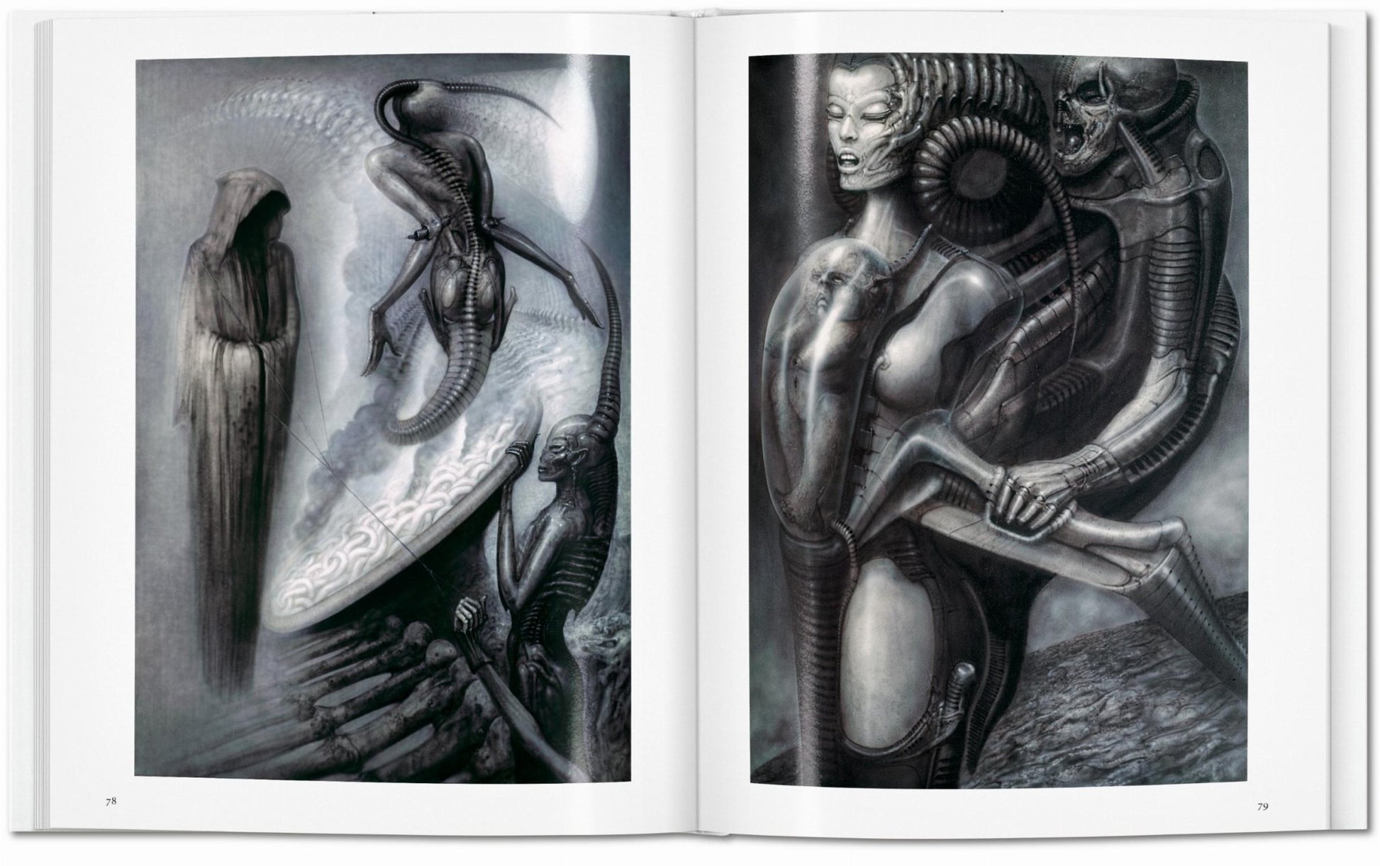 Interior spread from the H.R. Giger TASCHEN book showing two monochrome biomechanical paintings, with a hooded figure and creature on the left and an entwined biomechanical female and skeletal figure on the right