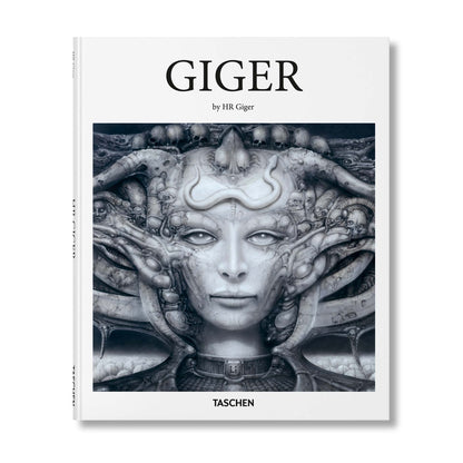H.R. Giger book cover by TASCHEN featuring a biomechanical female face surrounded by skulls, tubes, and alien forms