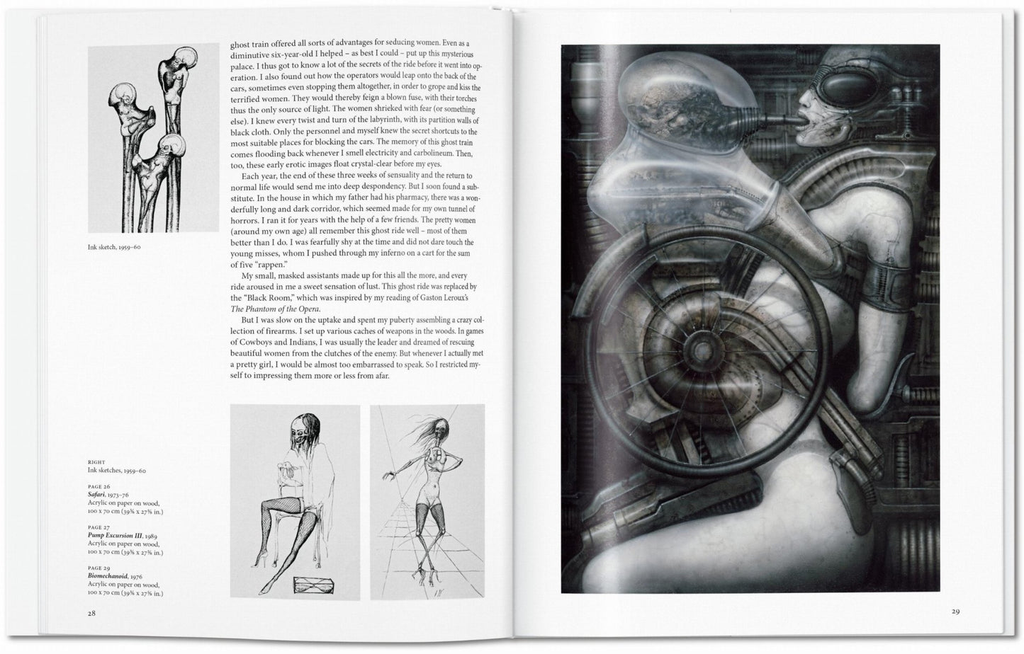 Interior spread from the H.R. Giger TASCHEN book showing ink sketches from 1959 to 1960 on the left and Safari 1973–76 with Pump Excursion III 1989 on the right