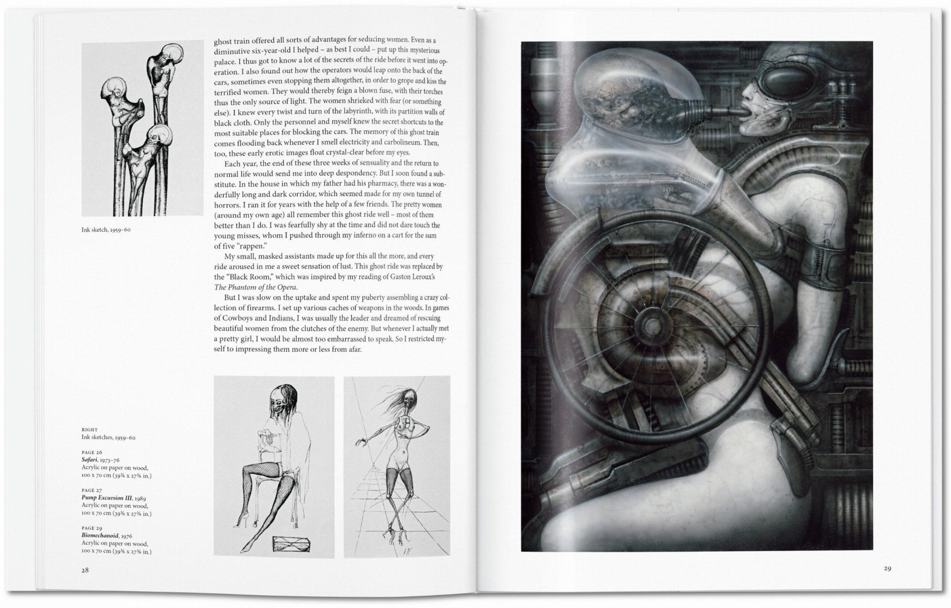 Interior spread from the H.R. Giger TASCHEN book showing ink sketches from 1959 to 1960 on the left and Safari 1973–76 with Pump Excursion III 1989 on the right