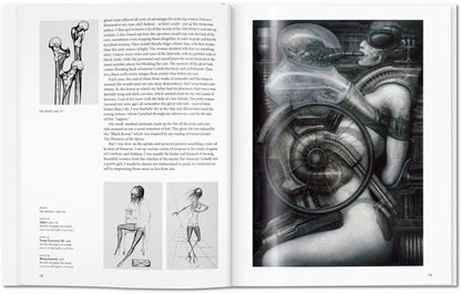 Interior spread from the H.R. Giger TASCHEN book showing ink sketches from 1959 to 1960 on the left and Safari 1973–76 with Pump Excursion III 1989 on the right