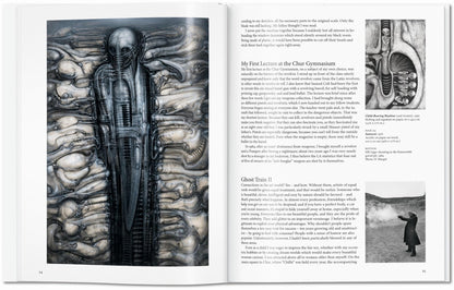 Interior spread from the H.R. Giger TASCHEN book featuring Samurai 1976 on the left, with Child-Bearing Machine second version 1965 and a photograph of H.R. Giger shooting in the Kaiserstuhl gravel pit on the right
