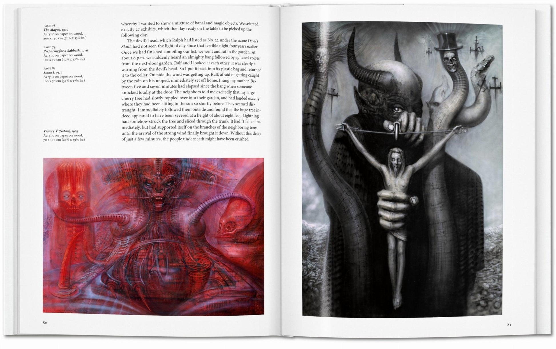 Interior spread from the H.R. Giger TASCHEN book featuring The Magus 1975, Preparing for a Sabbath 1976, Satan I 1977, Victory V Satan 1983, and a large horned demonic figure holding a cruciform body