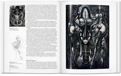 Interior spread from the H.R. Giger TASCHEN book featuring The Saxophonist 1965, Witch’s Dance 1977, and a large biomechanical altar-like painting with female and infant figures