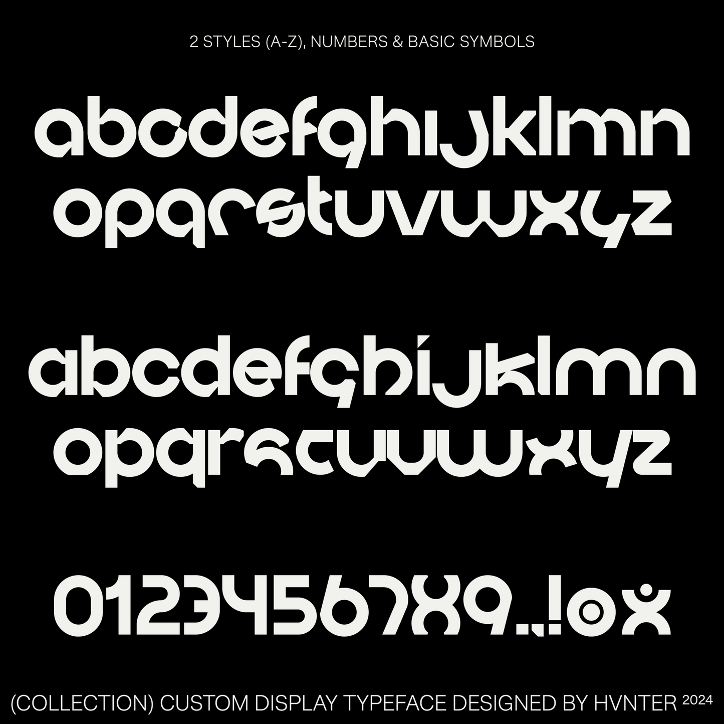 Collection display typeface character set showing alphabet, numbers, and symbols.
