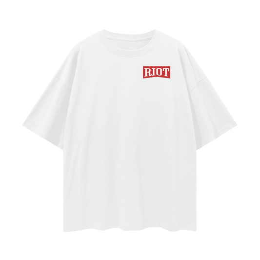 Front of lucent white oversized t-shirt with red RIOT chest logo